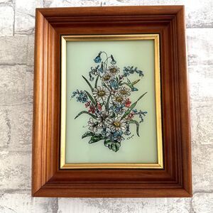 VTG Elyse Reverse Glass Floral Hummingbird Painting Signed Framed Art